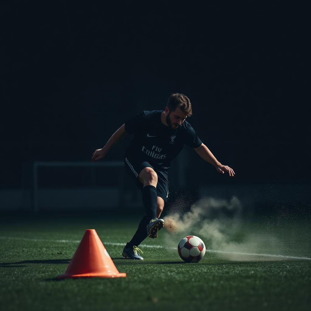 Footballer cutting between slalom poles and cones in an agility drill at dusk