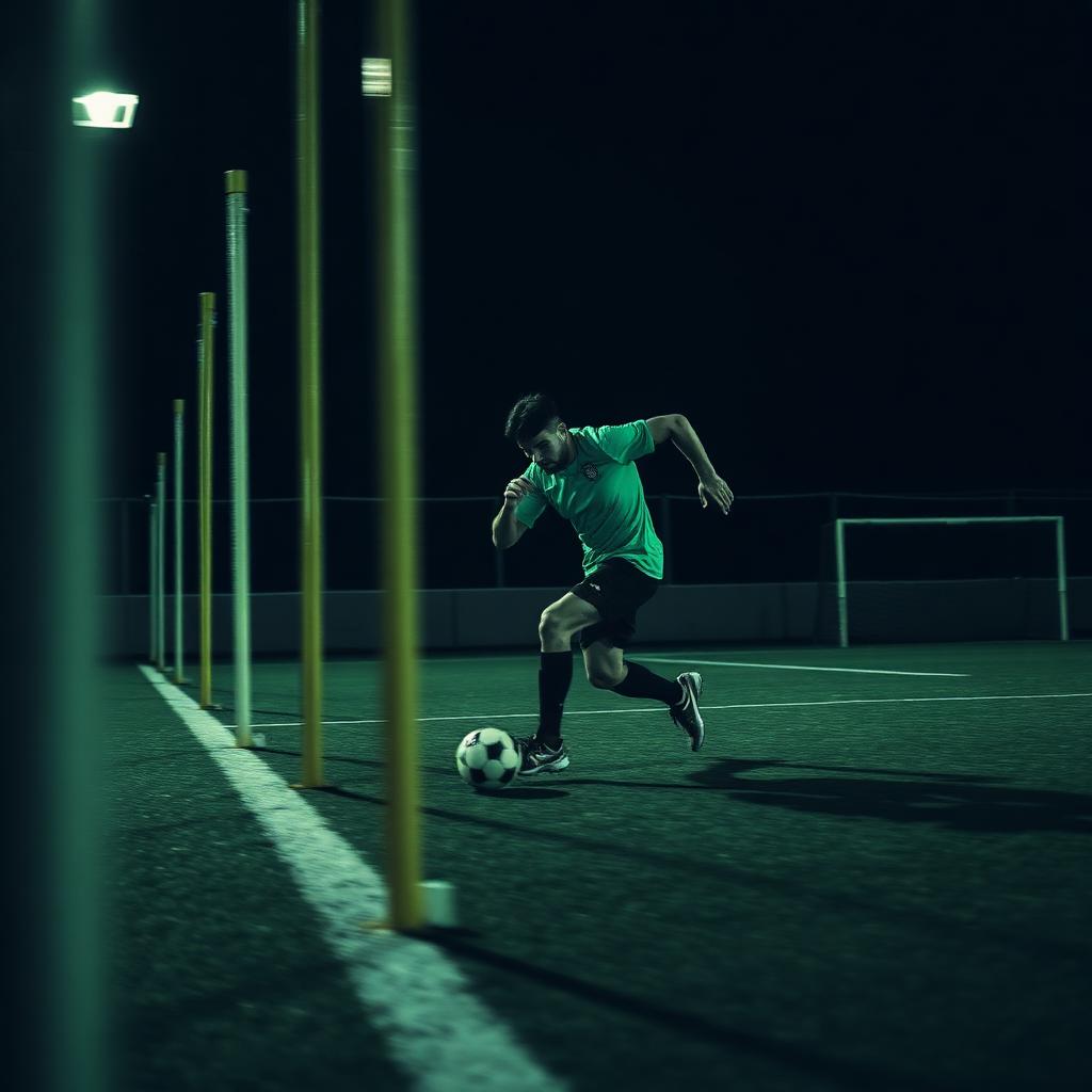 Player performing close ball control with a training ball between cones on a dark training pitch