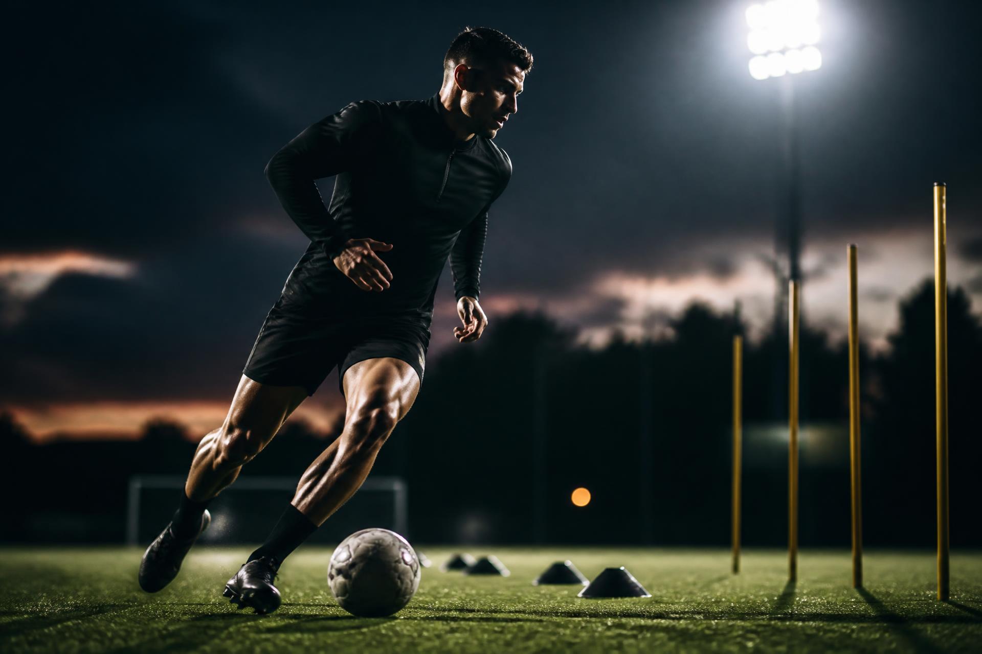 Professional footballer training under floodlights with cones and agility poles