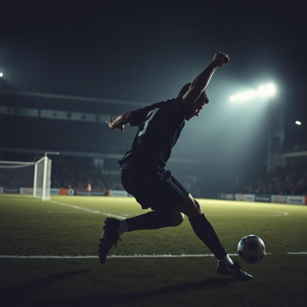 Striker striking a football into a mini goal during a finishing drill on a floodlit pitch