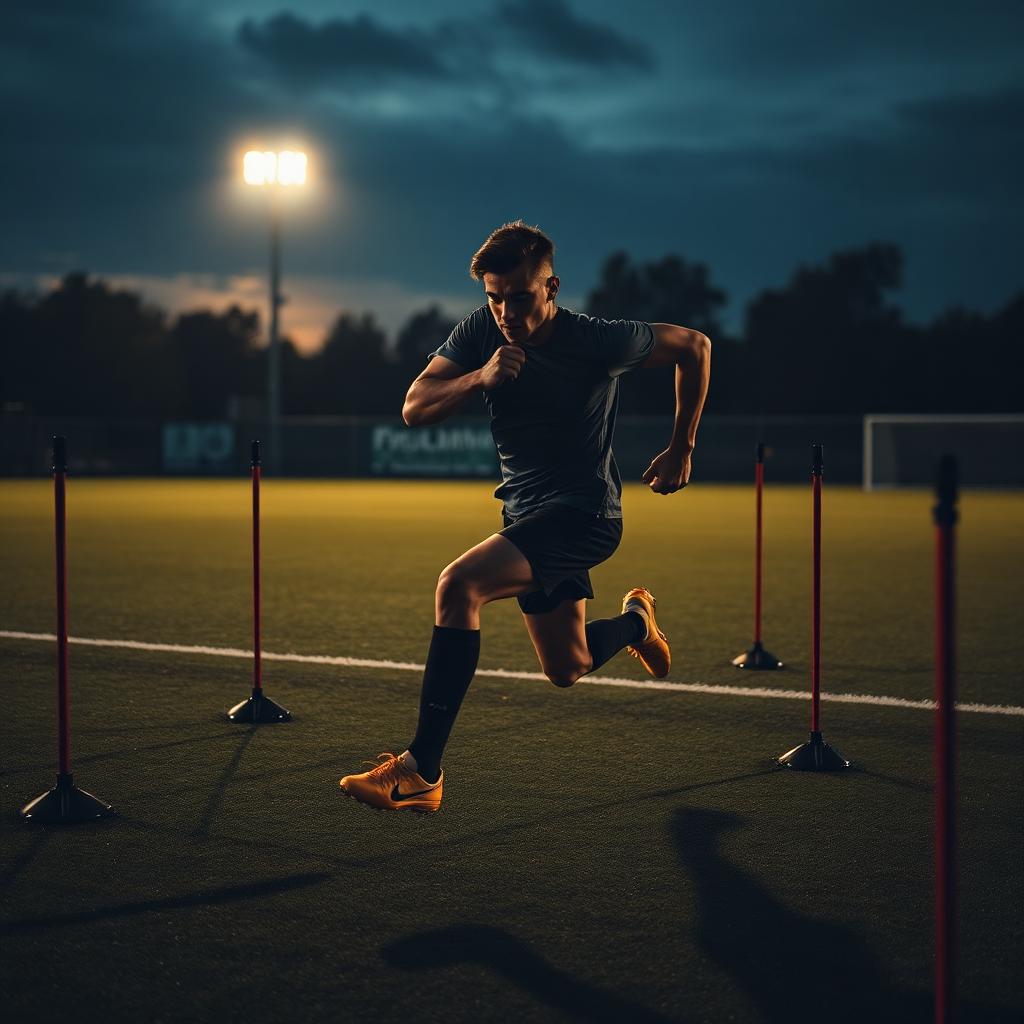 Footballer in MATCHDAY CO. kit sprinting through an agility ladder under floodlights to build explosive speed